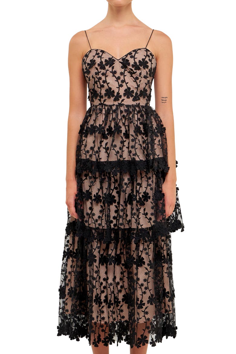 Floral Embroidered Tiered Dress, Alternate, color, BLACK