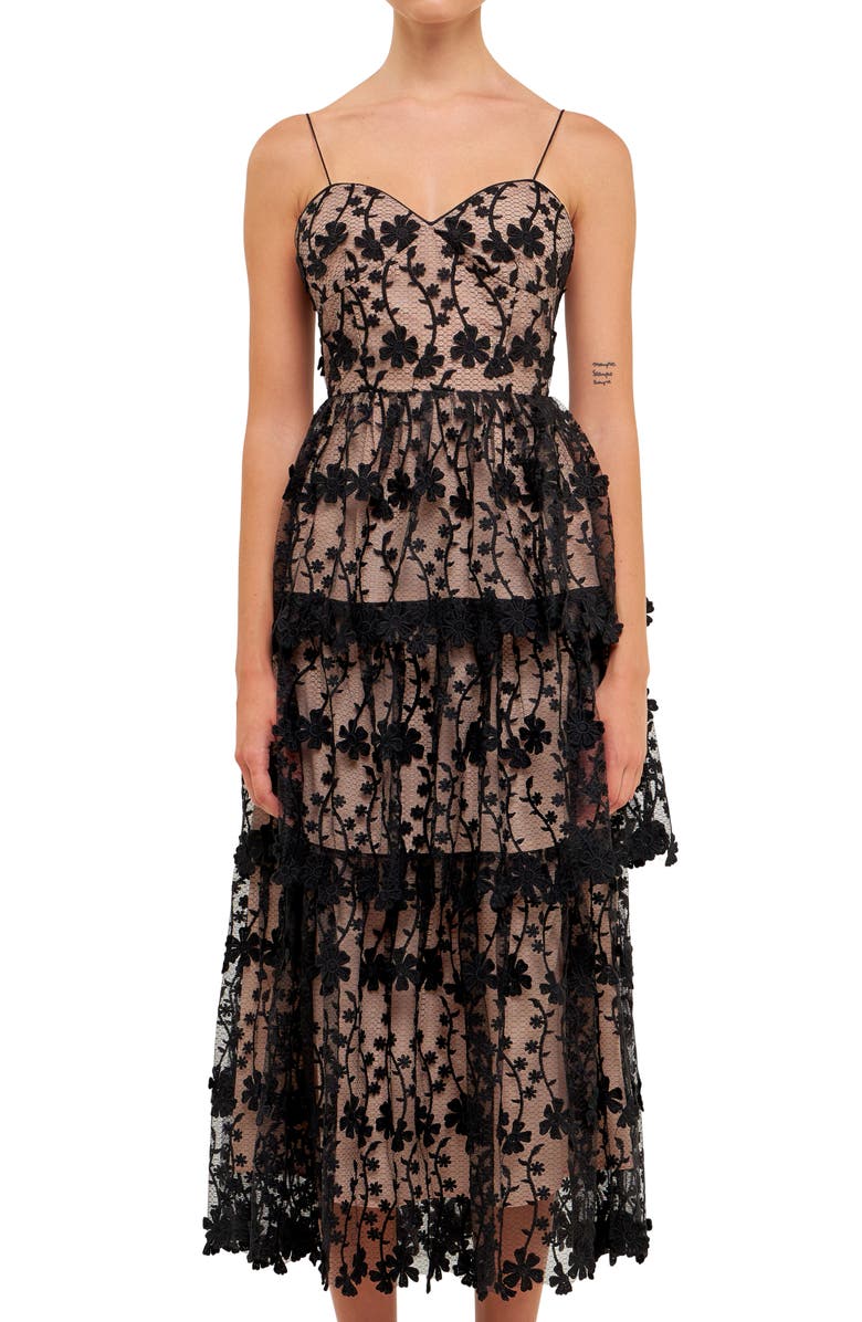 Endless Rose Floral Embroidered Tiered Dress, Alternate, color, Black
