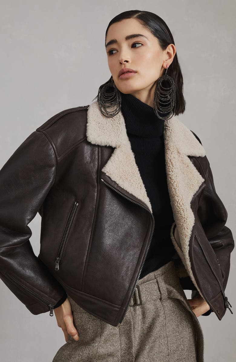 Brunello Cucinelli Waxed shearling biker jacket, Alternate, color, 