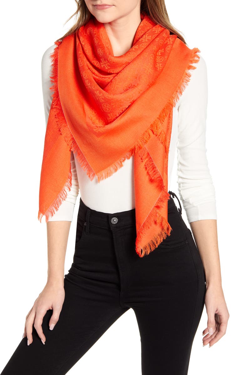 Tory Burch Traveler Logo Jacquard Wool & Silk Scarf, Main, color, Poppy Red