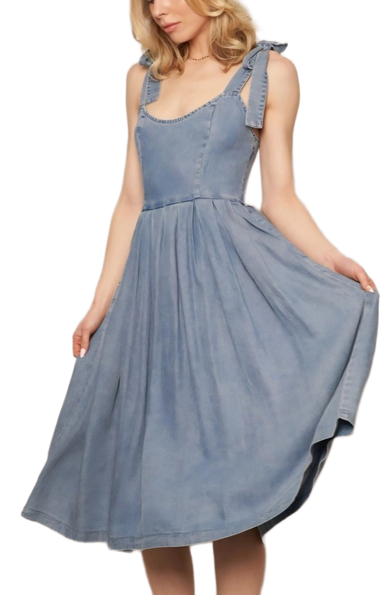 Knit and Lounge Tie Straps Scoop Neck Fitted Bodice Gathered Skirt Midi Dress, Alternate, color, Washed Blue