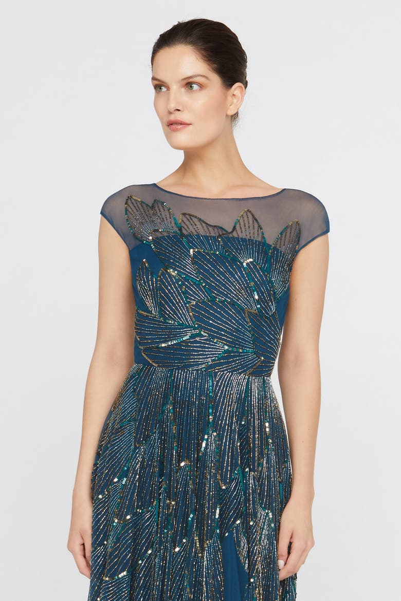 Ava Beaded Cap Sleeve Bateau Neck Sequin Gown, Alternate, color, Aquamarine
