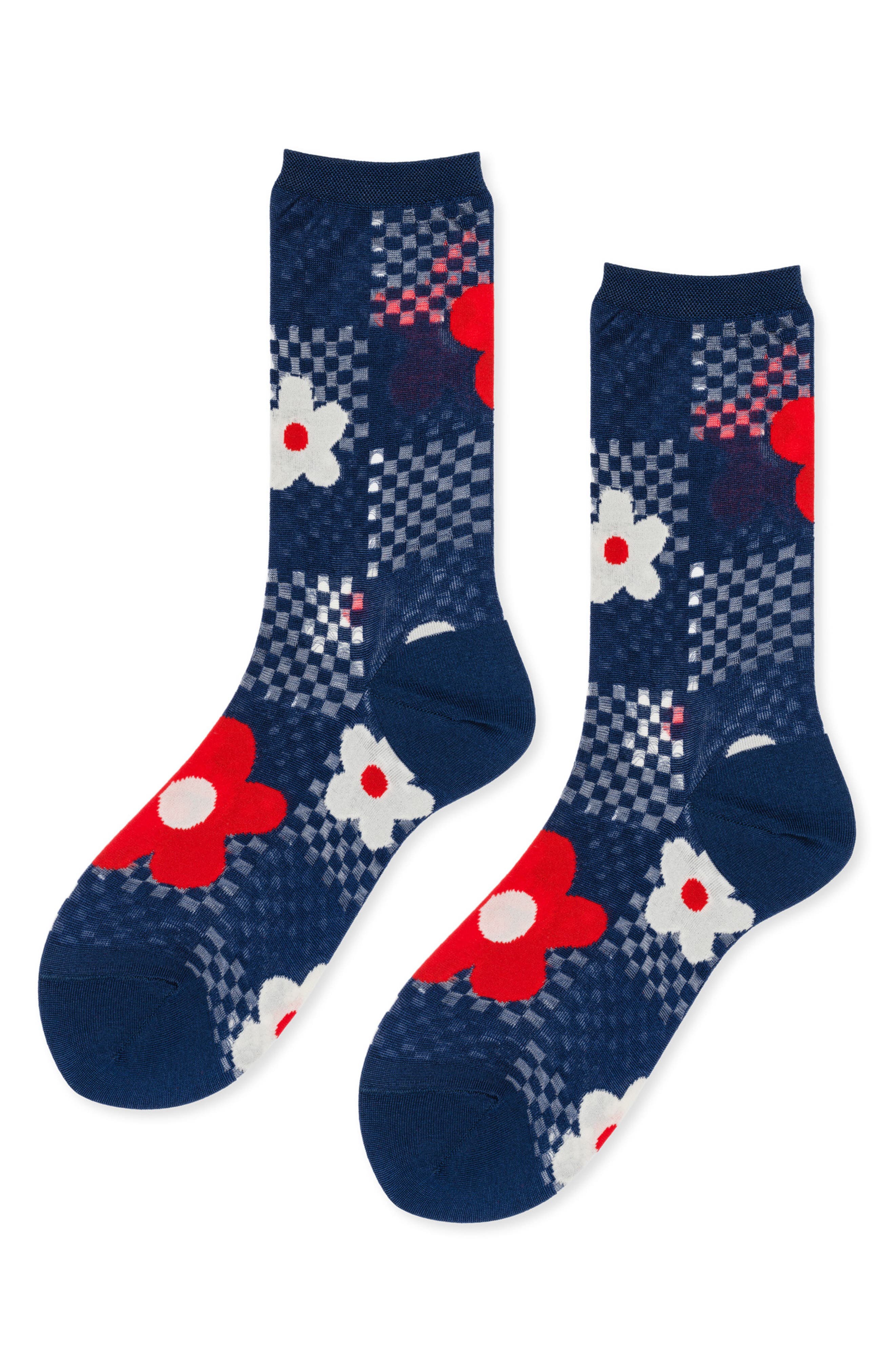 Hansel From Basel Jillian Floral Cotton Blend Crew Socks in Cobalt Blue 