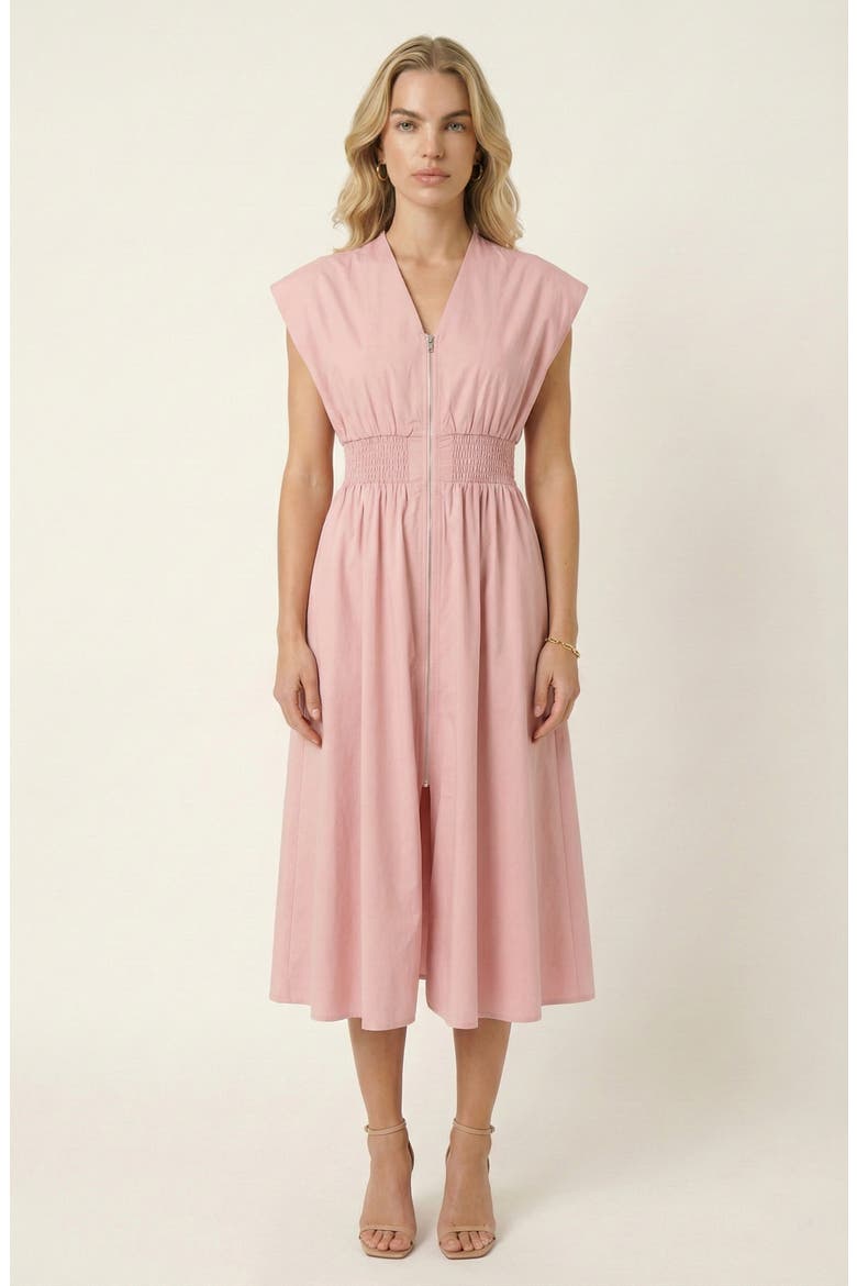 Cap Sleeve Smocked Front Zip Midi Dress, Main, color, Blush Pink
