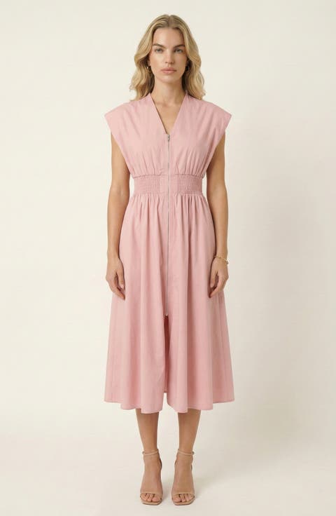 Cap Sleeve Smocked Front Zip Midi Dress