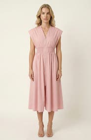 Modenaire Cap Sleeve Smocked Front Zip Midi Dress