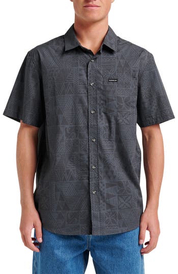 Quiksilver Geo Print Cotton Blend Button-up Shirt In Blue
