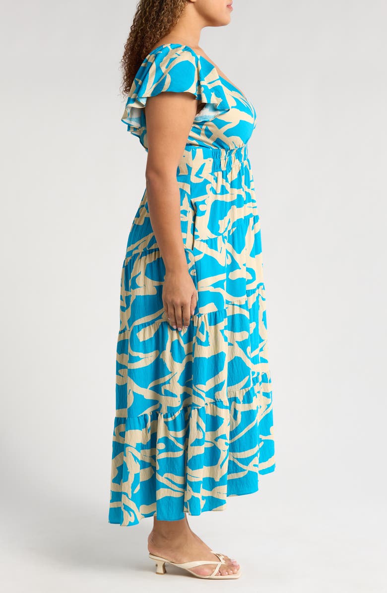 MELLODAY Printed Shirred Waist Tiered Maxi Sundress, Alternate, color, Blue Ivory