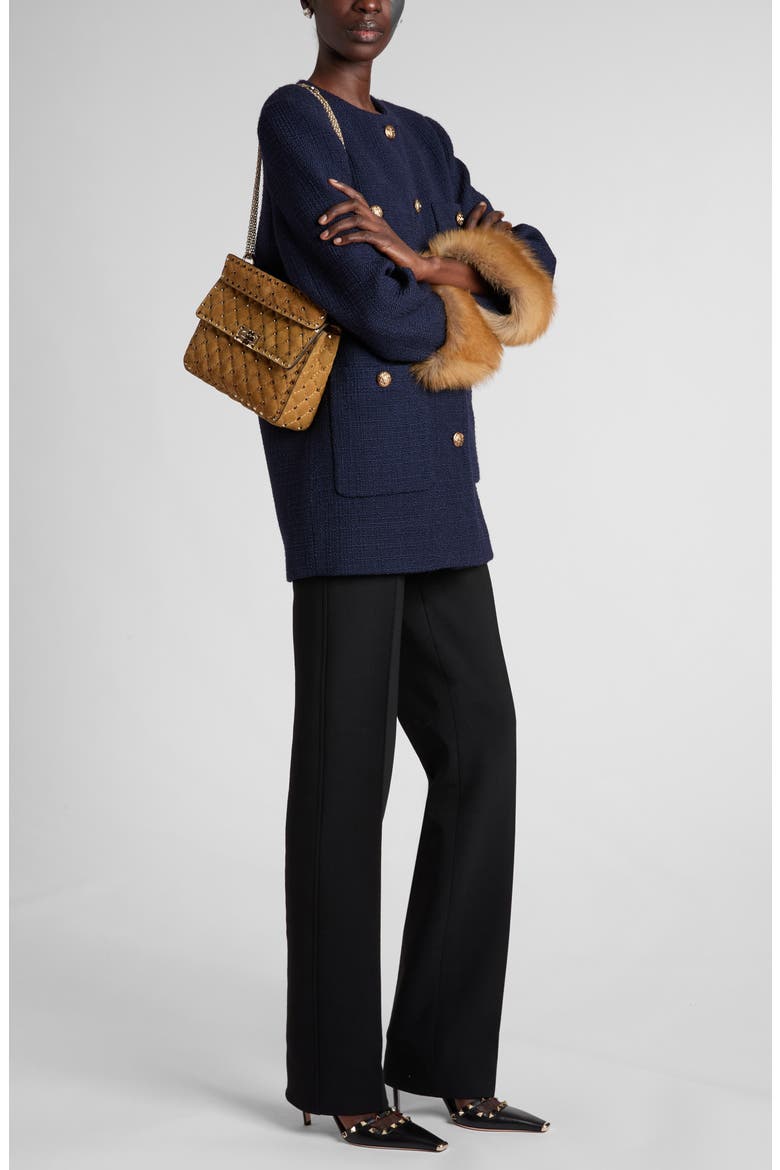 Wool Blend Tweed Jacket with Faux Fur Cuffs, Alternate, color, NAVY