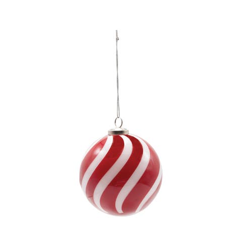 Round Hand-Blown Glass Ball Ornament with Swirled Stripes, Red and White