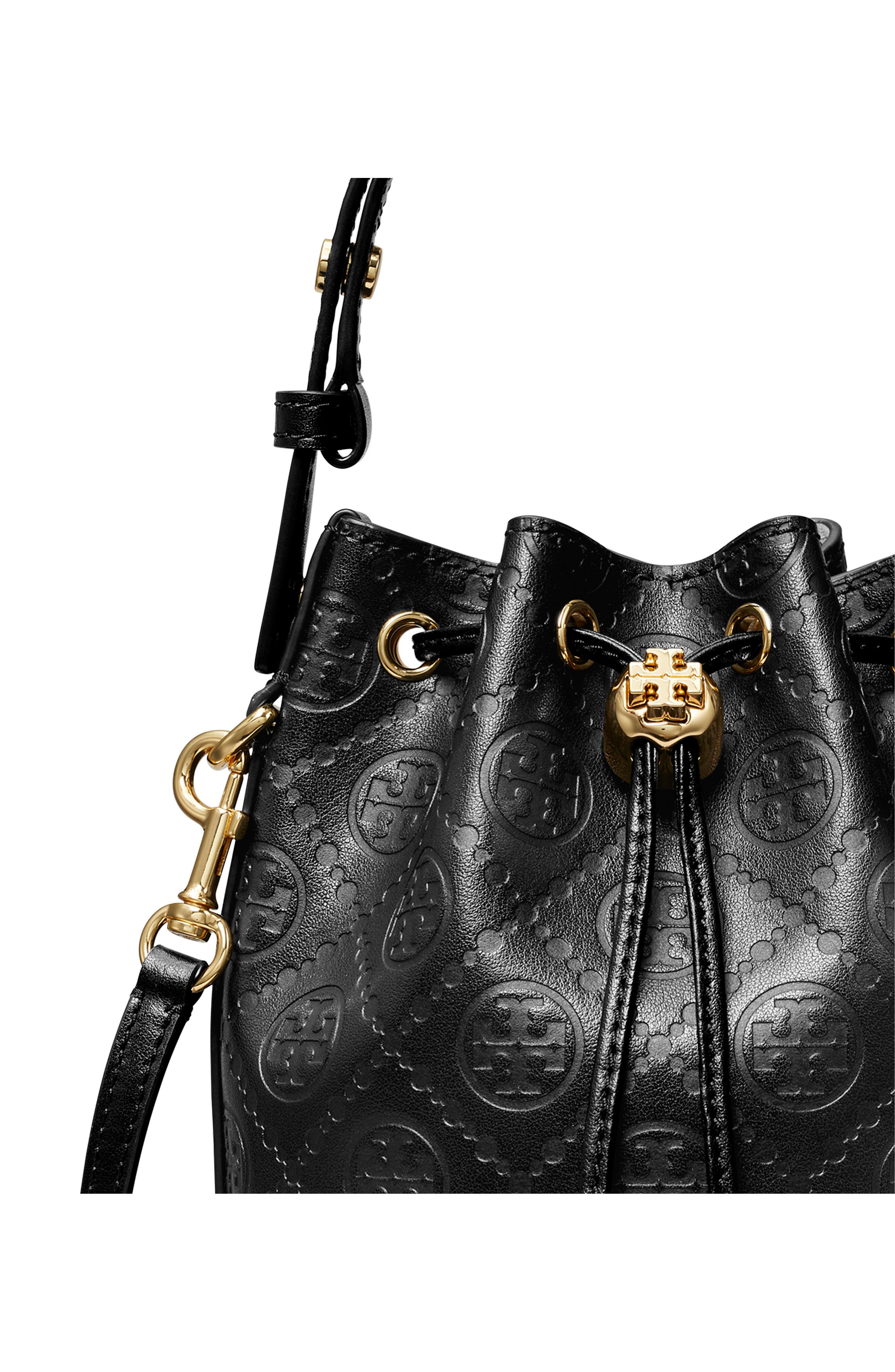 Tory Burch Mini T Monogram Debossed Bucket Bag, Alternate, color, Black