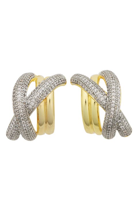 Two-Tone Pavé Crystal Crisscross Huggie Earrings