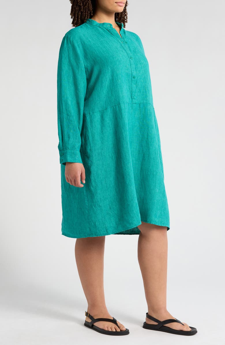 Eileen Fisher Band Collar Long Sleeve Organic Linen Shift Dress, Alternate, color, Jade