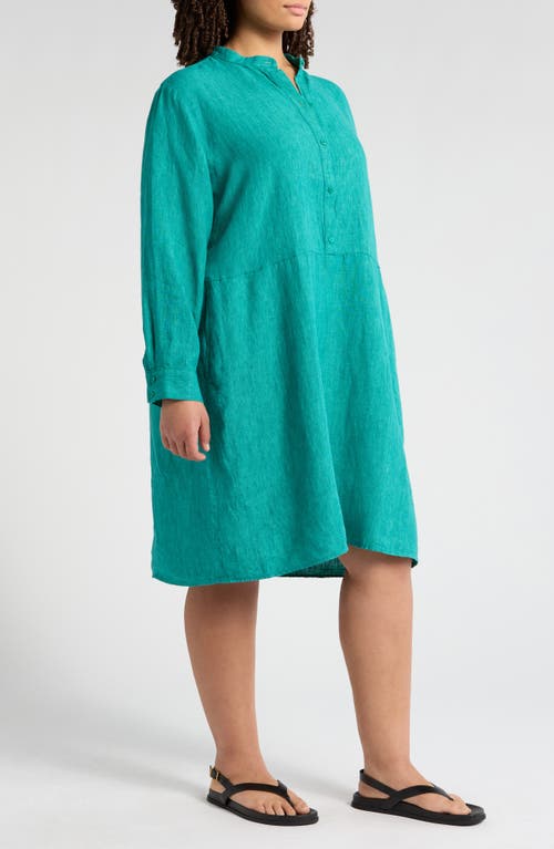 Eileen Fisher Band Collar Long Sleeve Organic Linen Shift Dress In Green