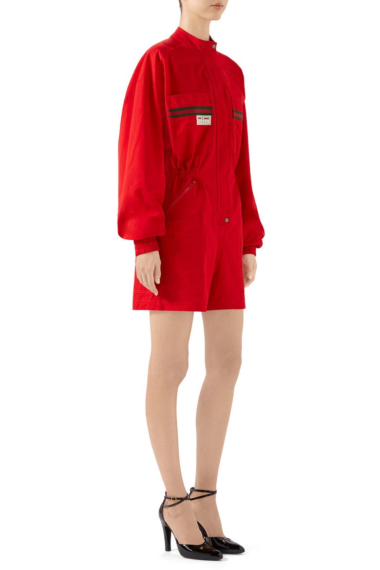 Logo Label Cotton Romper, Alternate, color, LIVE RED/ MULTICOLOR