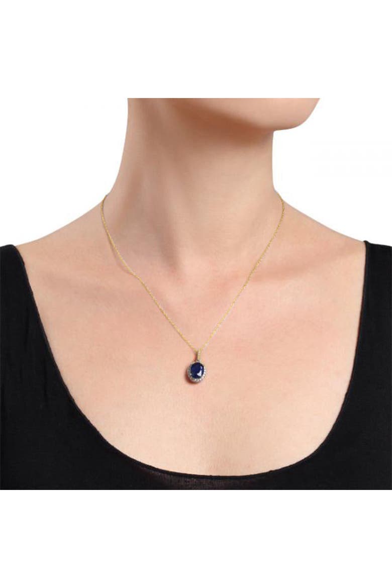 Lab Blue Sapphire & Halo Diamond Pendant Necklace 14k 2.90ct, Alternate, color, Yellow Gold
