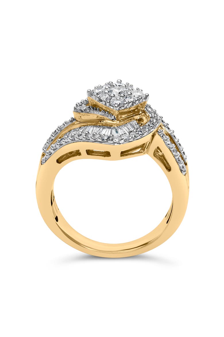 14K Yellow Gold 1.0 Cttw Baguette and Round Diamond Cluster Swirl Ring, Alternate, color, Yellow