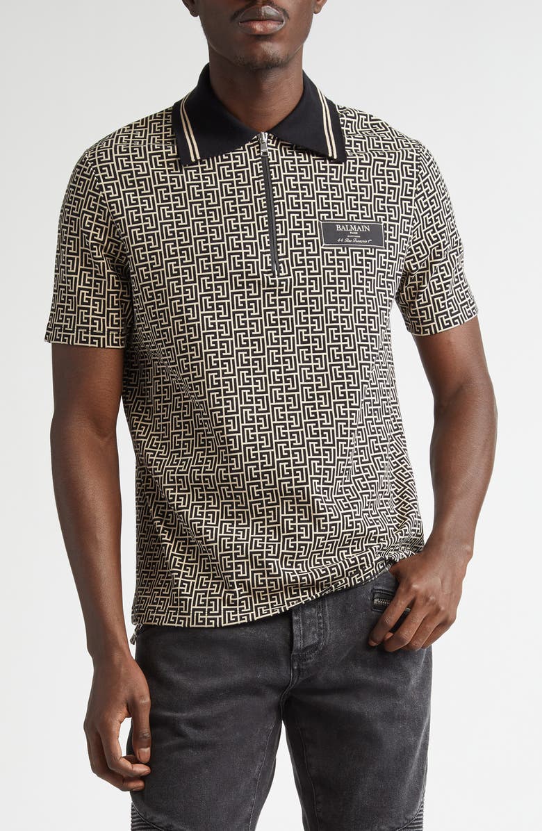 Balmain Monogram Jacquard Zip Polo, Main, color, 