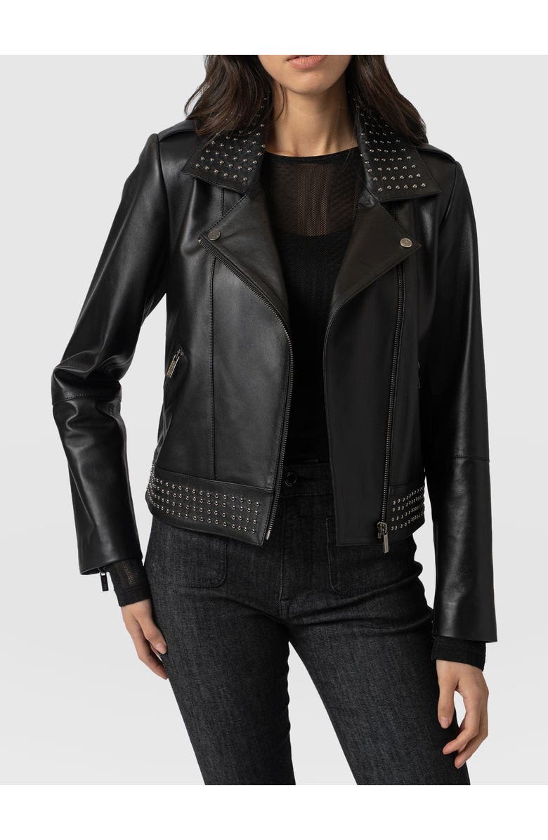 Saint + Sofia Bonham Studded Biker Jacket, Alternate, color, Black