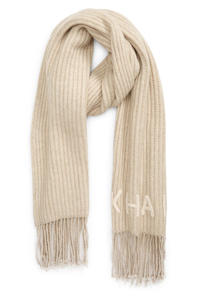 The Logo Fisherman Rib Cashmere Scarf, Alternate, color, OATMEAL / CREAM LOGO