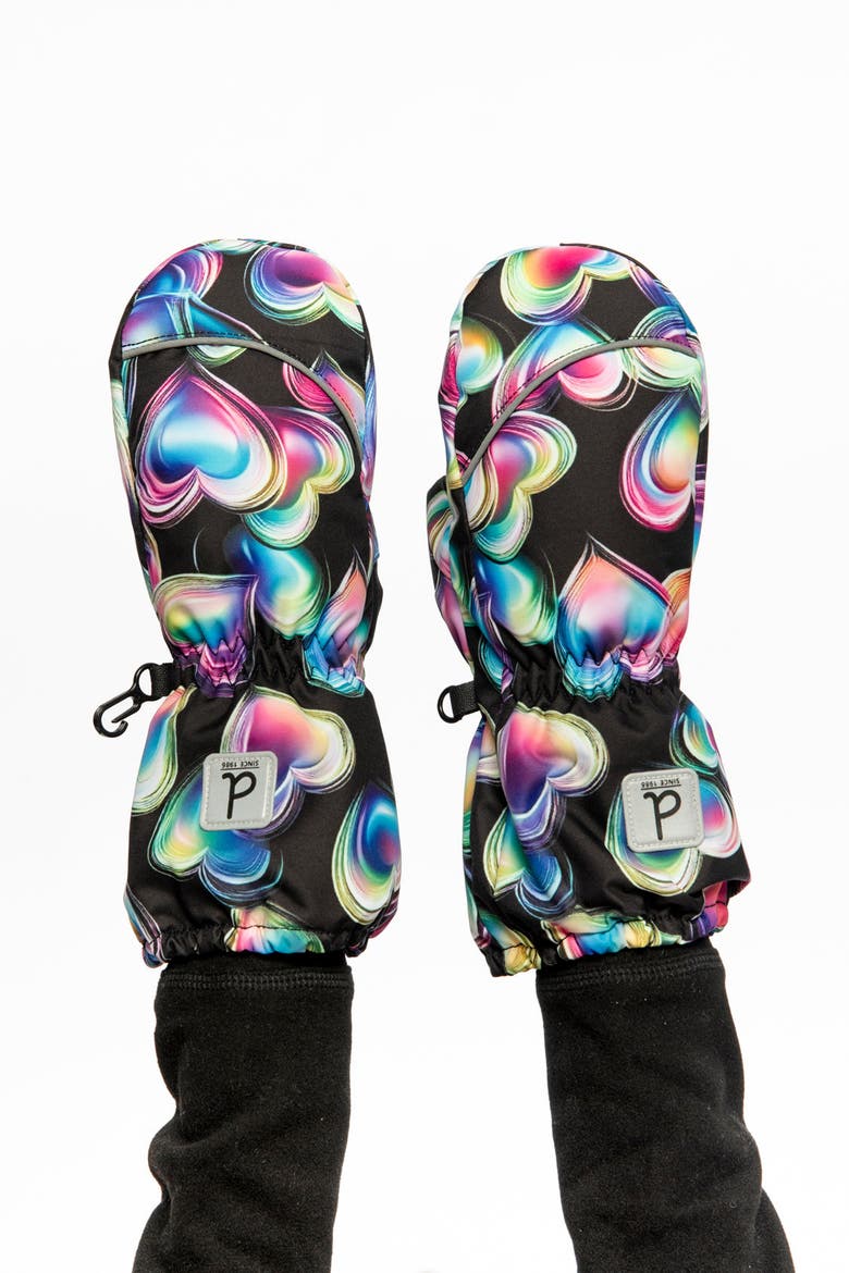 Heart Play Waterproof Rubberized Palm Winter Mittens, Alternate, color, Black Printed with Hearts
