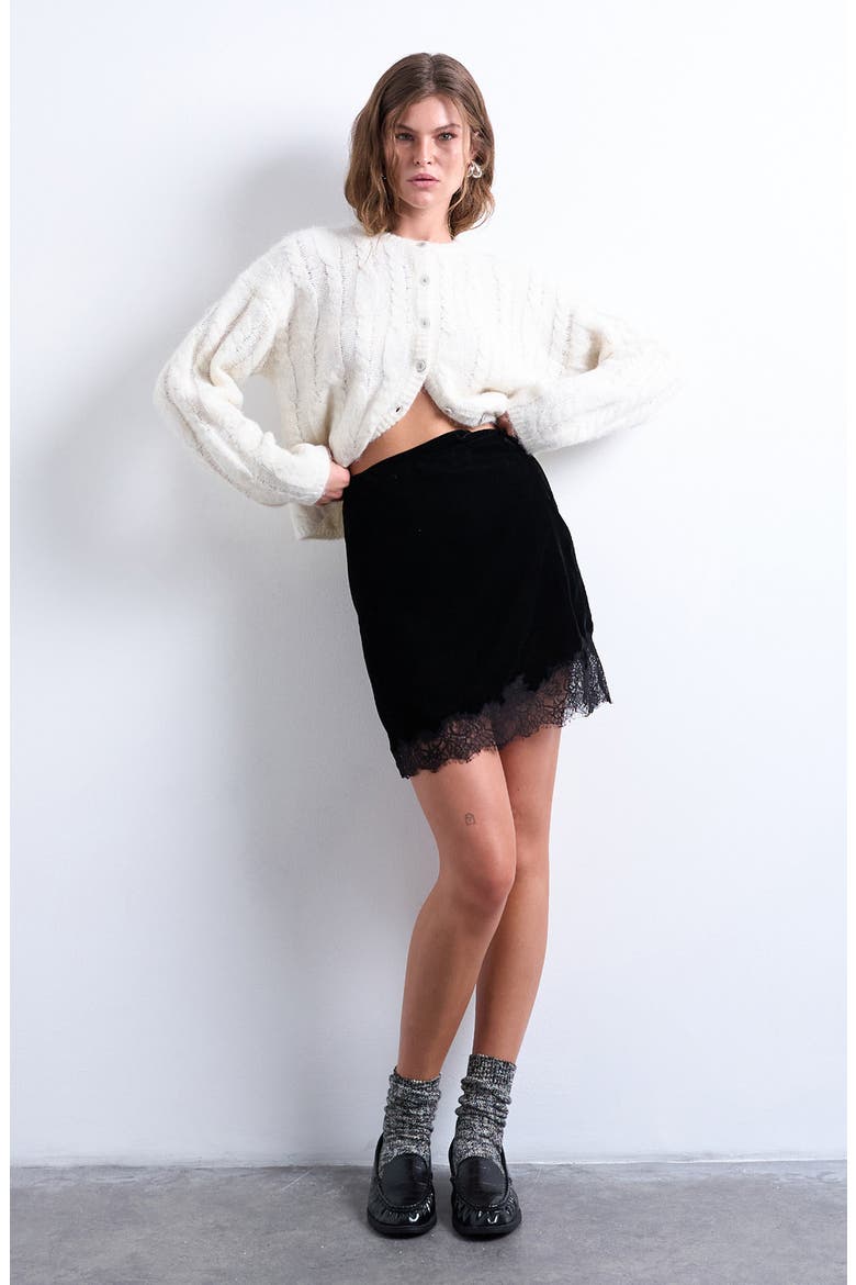 Velvet Lace Trim Miniskirt, Main, color, BLACK