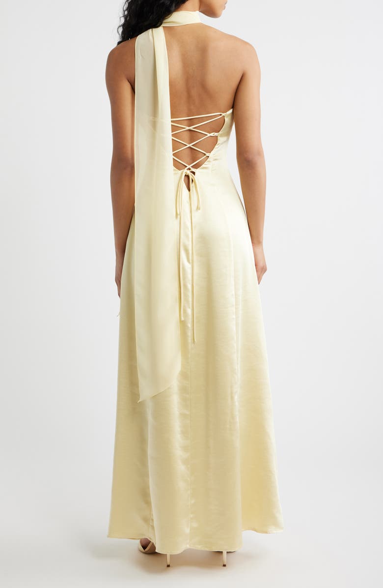 Princess Polly Masterpiece Pleated Strapless Satin Gown, Alternate, color, Yellow