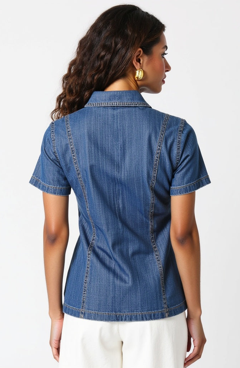 Modenaire Fitted Denim Short-Sleeve Button-Front Shirt, Alternate, color, Denim Blue