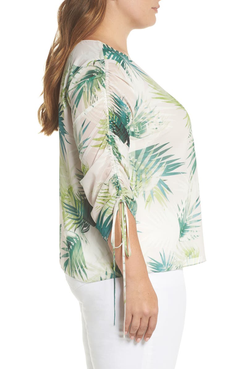 Vince Camuto Drawstring Sleeve Sunlit Palm Print Top, Alternate, color,