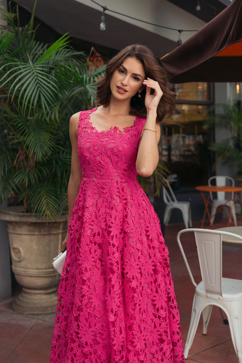 Sleeveless Square Neck Lace A-Line Midi Dress, Alternate, color, Hot Pink