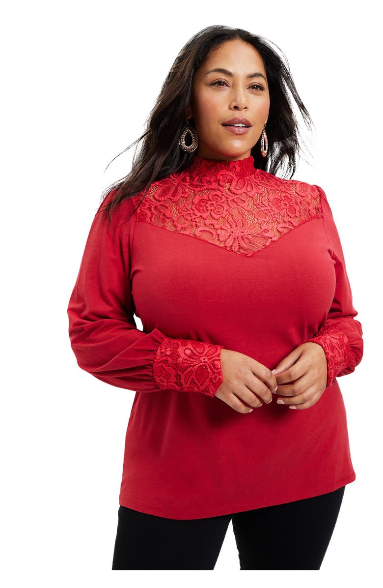 June + Vie Lace Yoke Mockneck Top, Main, color, Classic Red