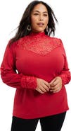 June + Vie Lace Yoke Mockneck Top