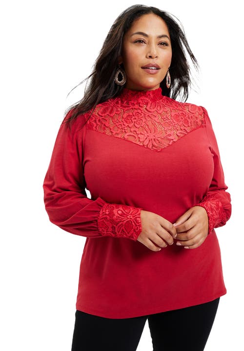 June + Vie Lace Yoke Mockneck Top In Red