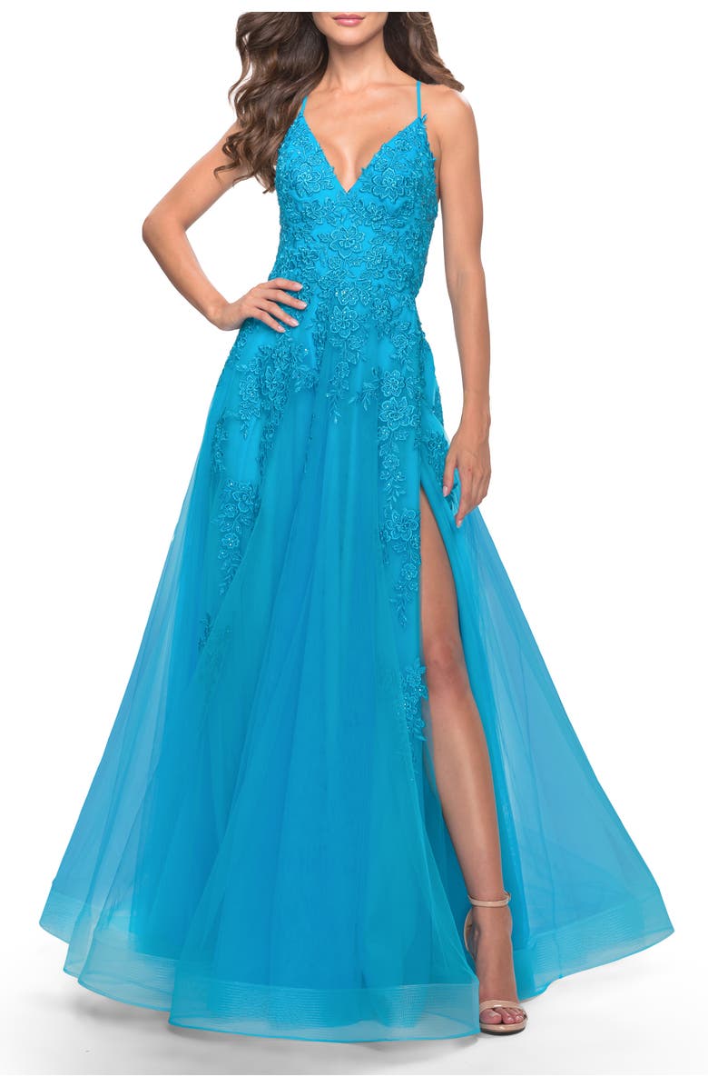 La Femme Tulle Prom Dress with Floral Detail and Side Slit, Main, color, Aqua
