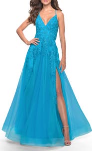 La Femme Tulle Prom Dress with Floral Detail and Side Slit