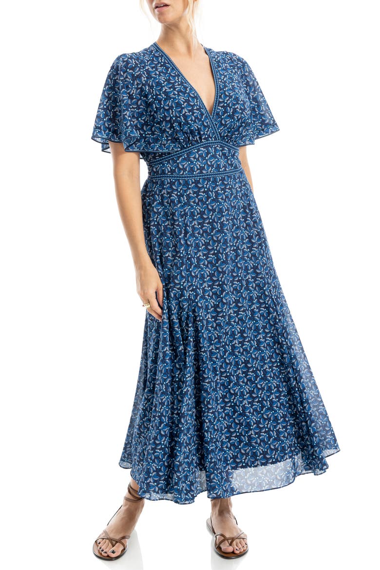 Flutter Sleeve Empire Waist Maxi Dress, Alternate, color, NAVY/ CREAM LEAF BERRIES