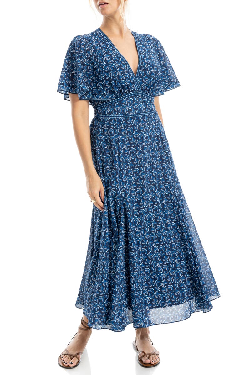 MAX STUDIO Flutter Sleeve Empire Waist Maxi Dress, Alternate, color, Navy/ Cream Leaf Berries
