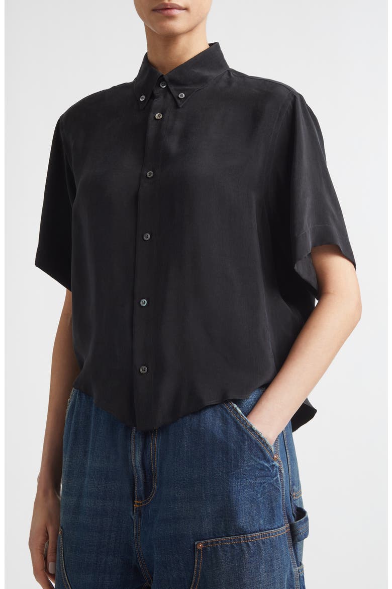 Short Sleeve Cupro Button-Down Shirt, Alternate, color, BLACK