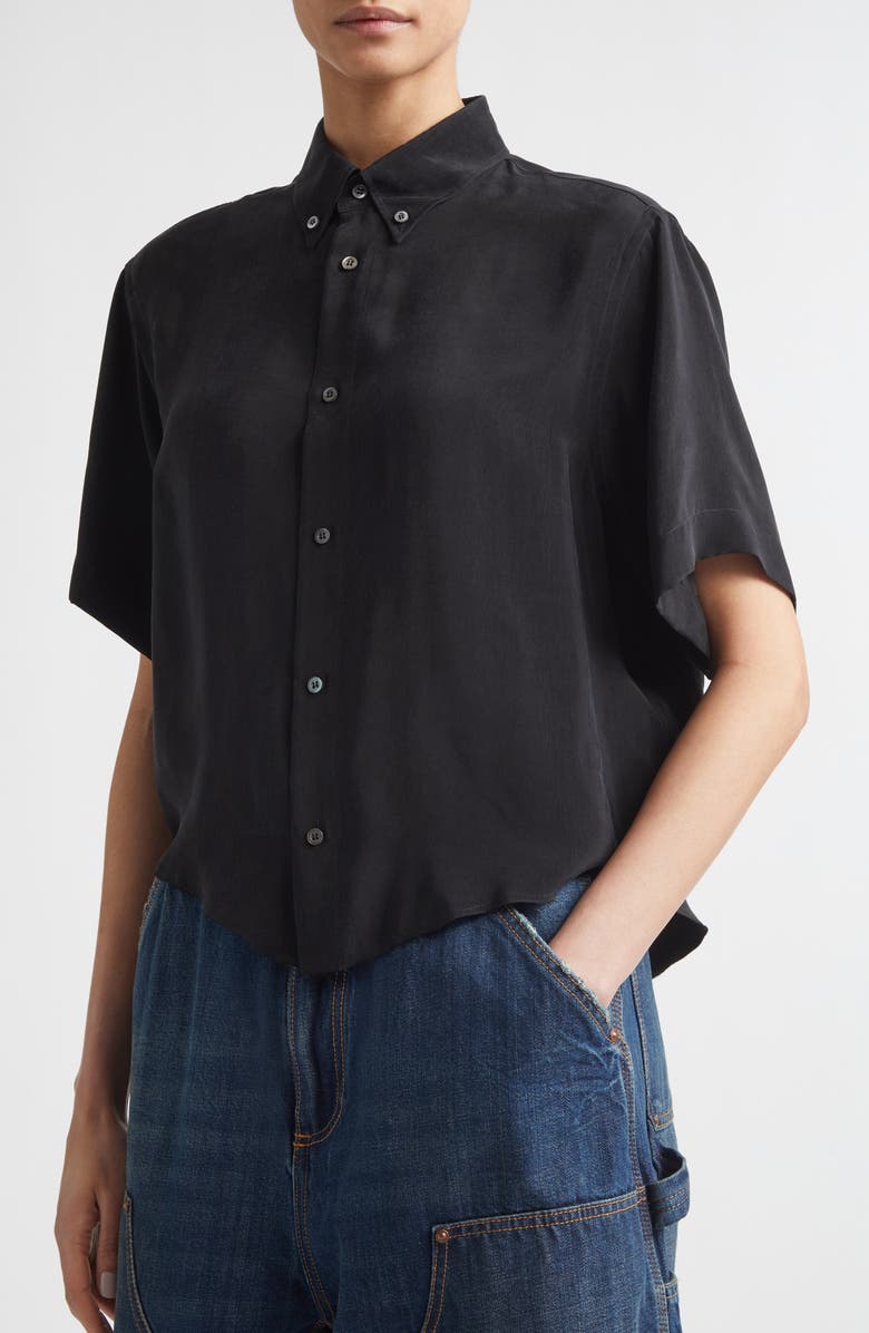 Maison Margiela Short Sleeve Cupro Button-Down Shirt, Alternate, color, Black