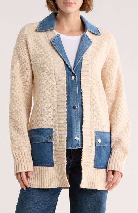 Oversize Denim Trim Cardigan