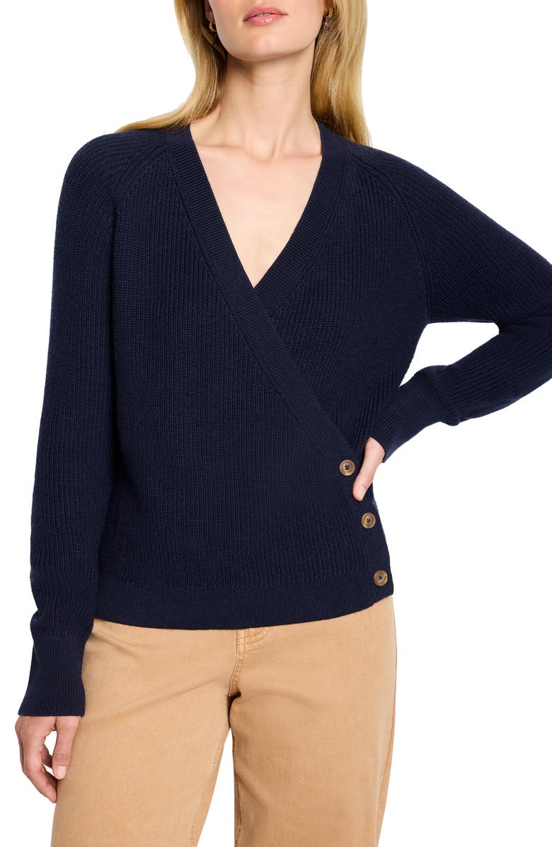 NIC+ZOE Shaker Stitch Faux Wrap Sweater, Main, color, Dark Indigo