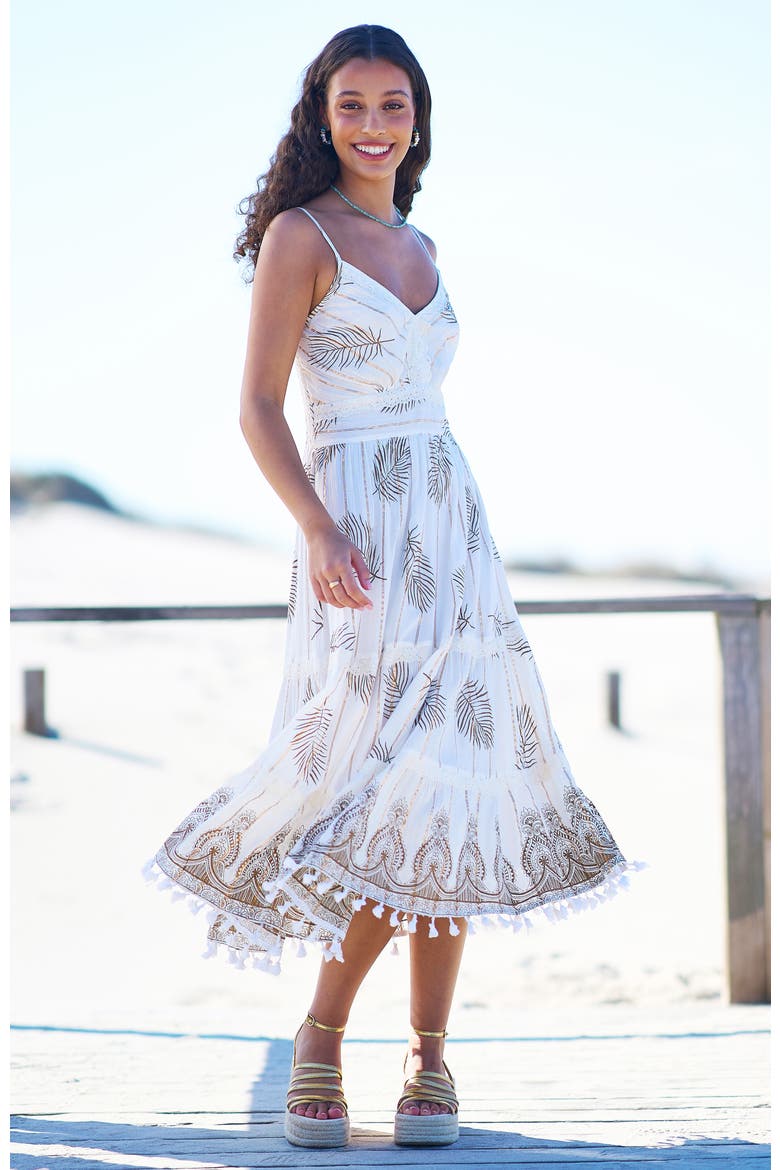 Foil Print Lace Trim Midi Sun Dress, Alternate, color, Ivory