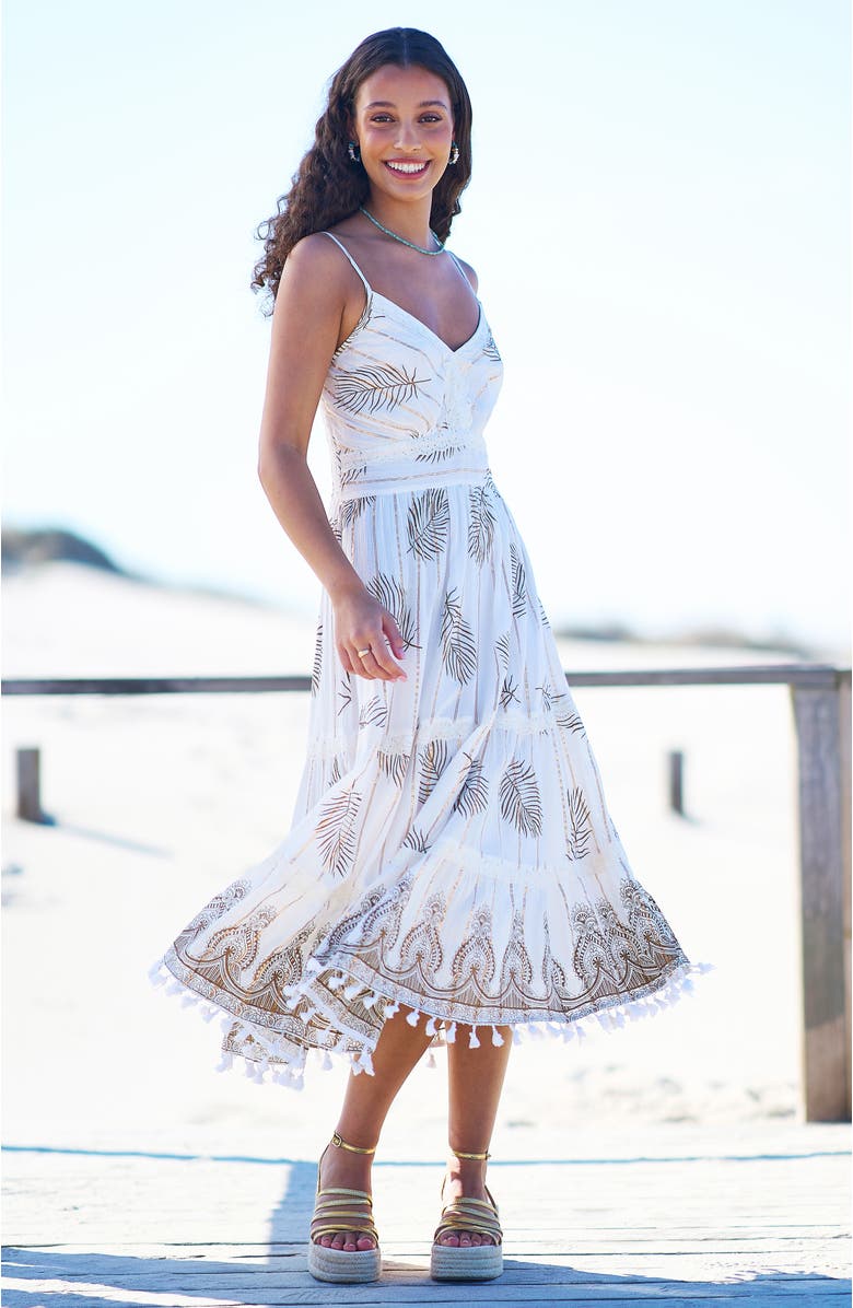 Yumi Foil Print Lace Trim Midi Sun Dress, Alternate, color, Ivory