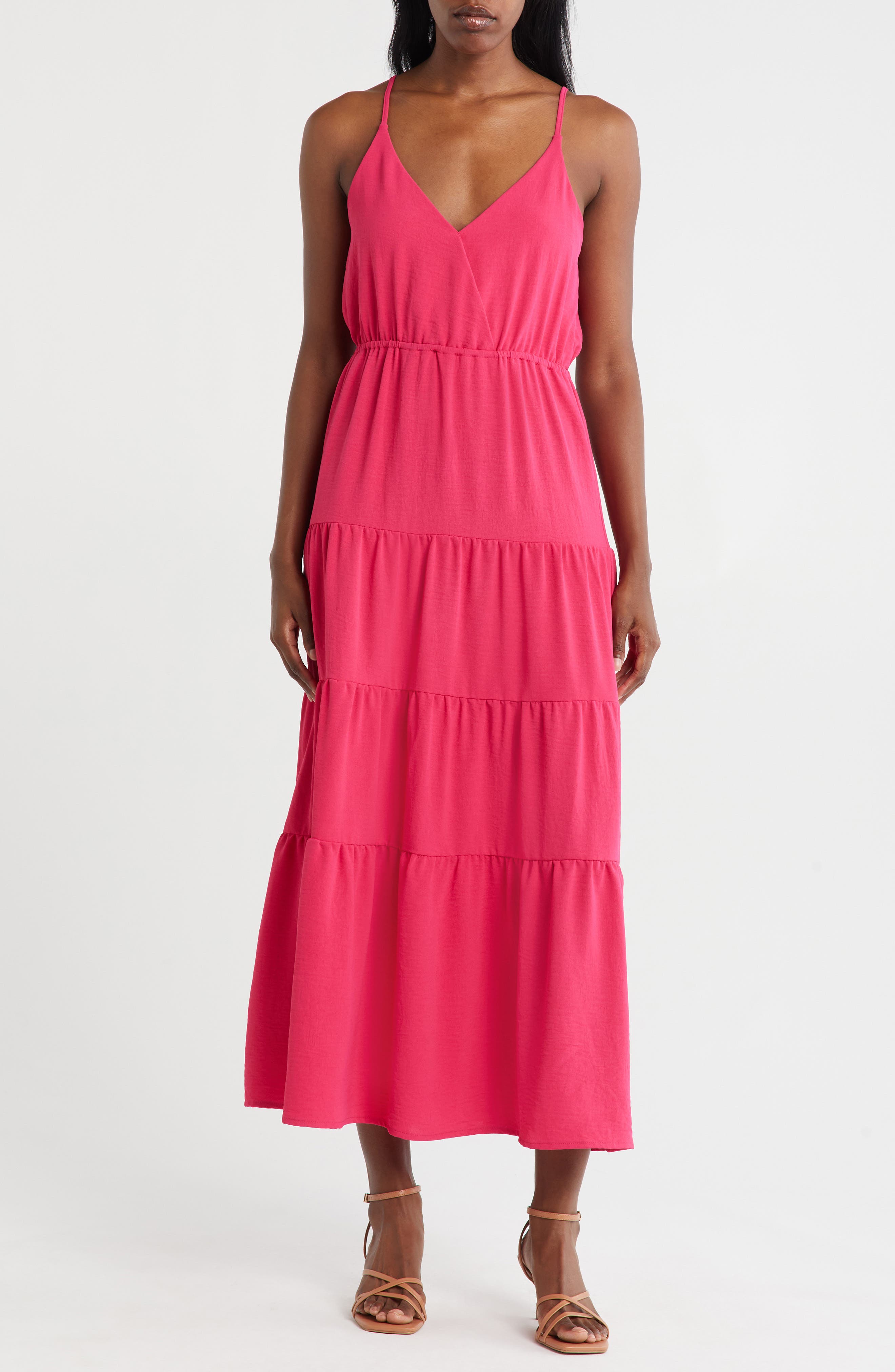 Loveappella Surplice V-Neck Tiered Maxi Dress
