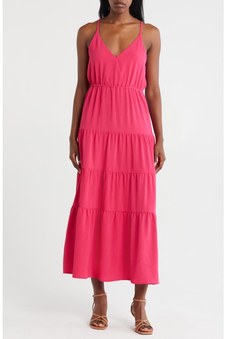 Surplice V-Neck Tiered Maxi Dress, Main, color, RED