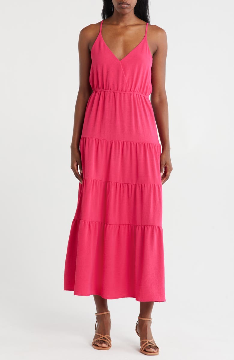 Loveappella Surplice V-Neck Tiered Maxi Dress, Main, color, Red