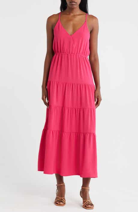 Loveappella Surplice V-Neck Tiered Maxi Dress