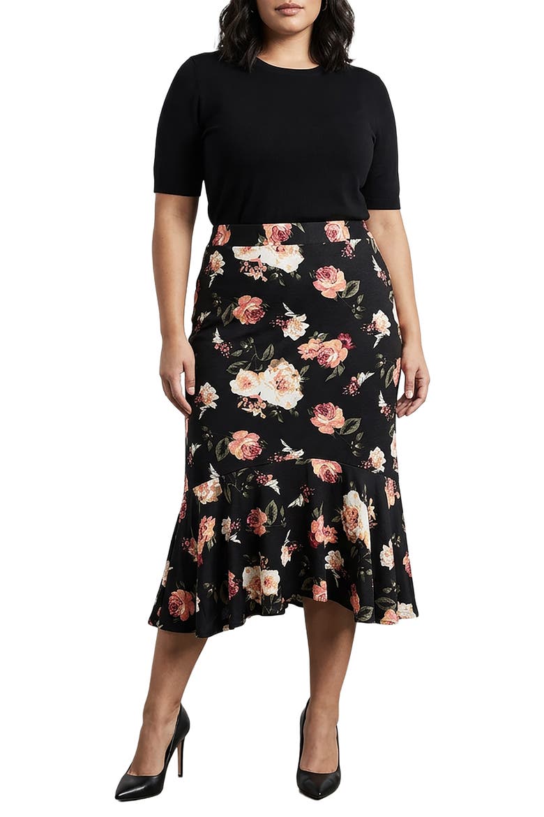 Floral Print Midi Skirt, Alternate, color, BLACK FLORAL