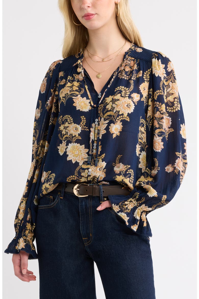 Floral Ruffled Button Front Shirt, Main, color, NAVY WALLPAPER FLORAL