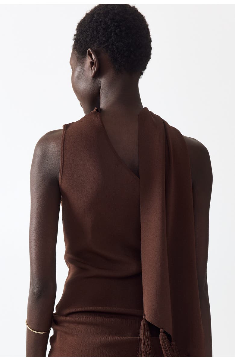 H&M One-shoulder Scarf-detail Knitted Top, Alternate, color, Dark Brown